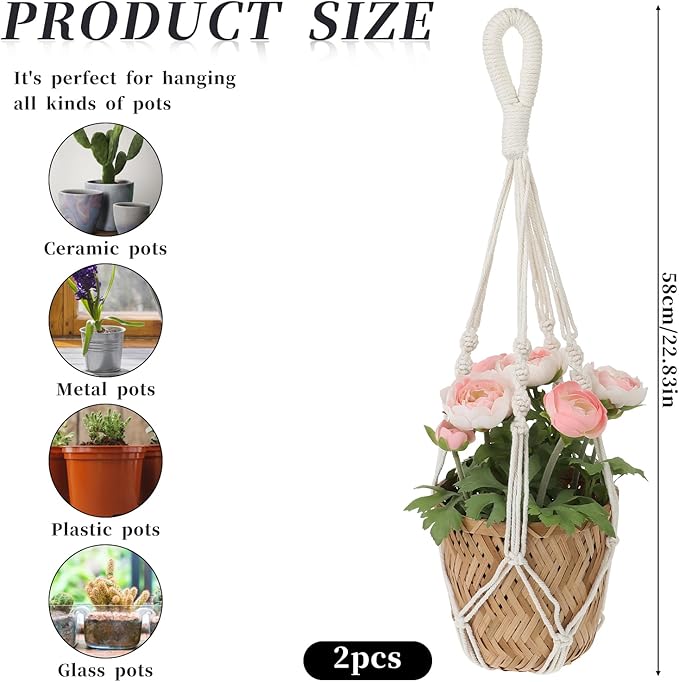 2 PCS Macrame Plant Hanger Indoor Hanging Plant Holder Hand-Woven Cotton Rope - Image 4