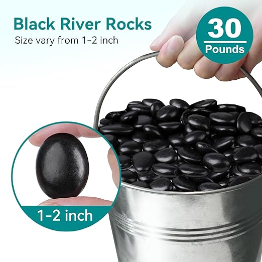30 lbs Black Rocks for Planters, Polished Garden Stones for Outdoor Landscaping - Image 2