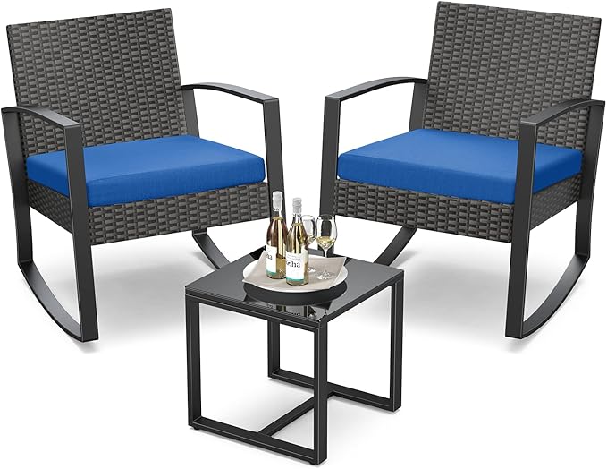 3 Piece Patio Bistro Set Patio Furniture Set Outdoor Wicker Rocking Furniture by Qsun