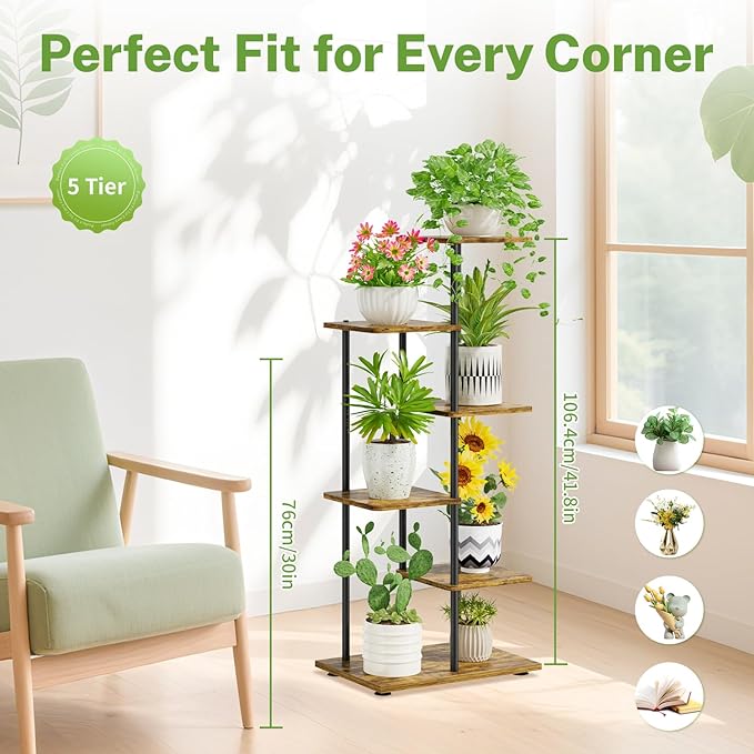 iDavosic.ly 5 Tier Plant Stand Indoor, Tiered Corner Metal Wood Multiple Flower - Image 2
