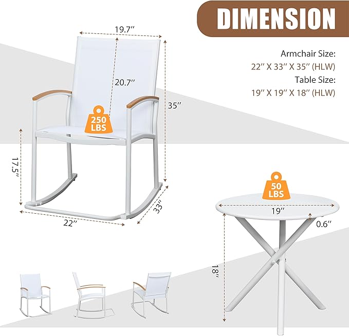 Shintenchi 3 Piece Outdoor Rocking Bistro Set, Textilene Fabric Small Patio - Image 6