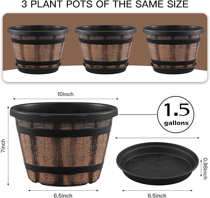 Quarut 3 Pack 10 inch Plant Pots, Whiskey Barrel Planters - Image 2