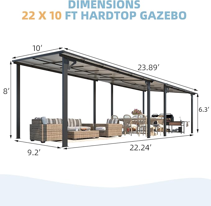 AECOJOY 10' x 24' Gazebo for Patio, Large Wall-Mounted Hard Top Lean-to Gazebo - Image 2
