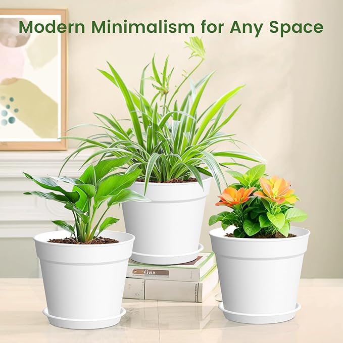 10 Pack 6 Inch Plant Pots with Drainage and Saucers, Stackable Nursery Planters - Image 3