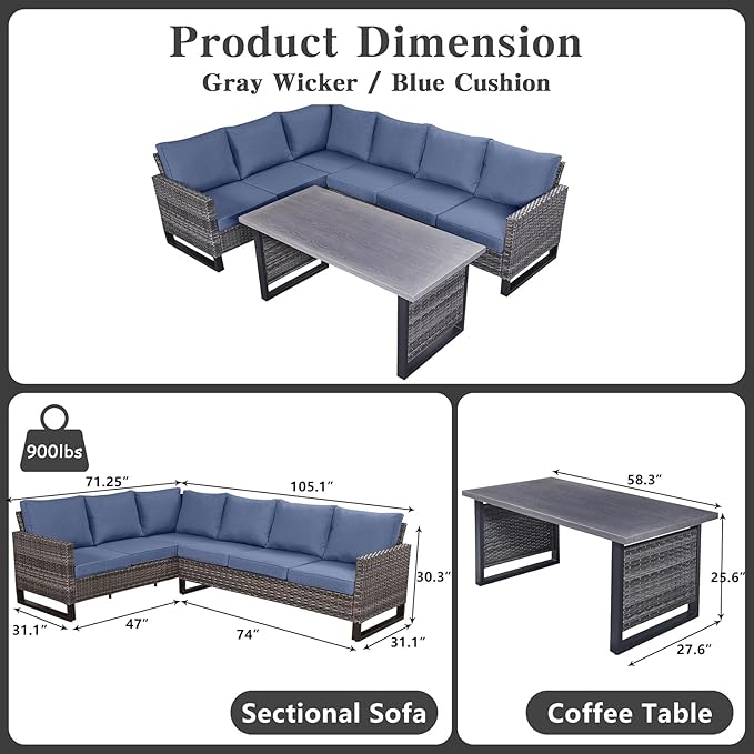 Belord Outdoor Sectional Sofa 6 Seater L Shaped Couch Wicker Patio Conversation - Image 2
