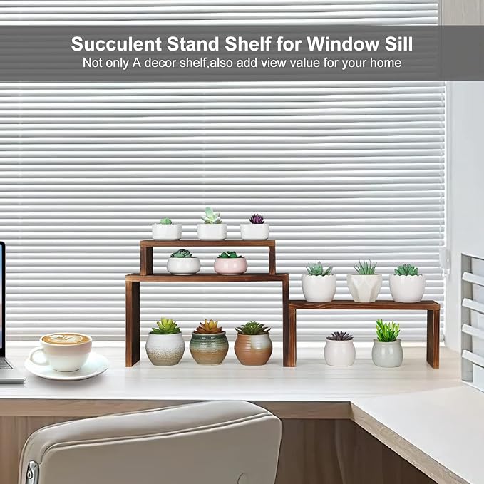 Desk Plant Stand Windowsill Plant Shelf 3 Tiers Wooden Tabletop Plant Shelves - Image 4