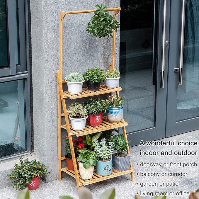 COPREE Bamboo 3-Tier Hanging Plant Stand Planter Shelves Flower Pot Organizer - Image 2