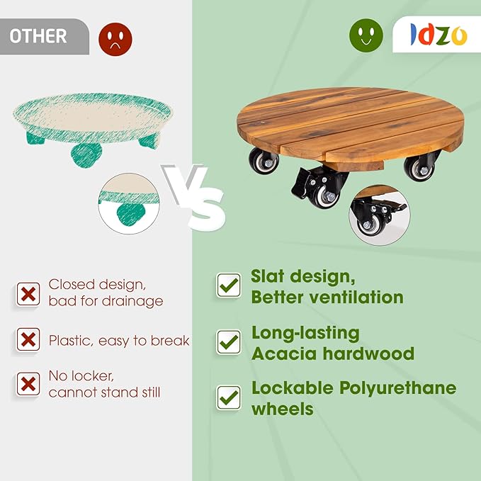 Idzo 2-Pack 14 Inch Acacia Wood Rolling Round Plant Caddy, Plant Caster - Image 3