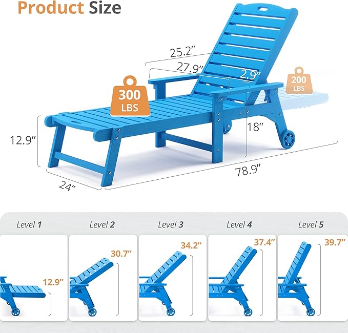 LUE BONA Outdoor Chaise Lounge Chairs Set of 4, HDPS Chaise Lounger, 5 - Image 2