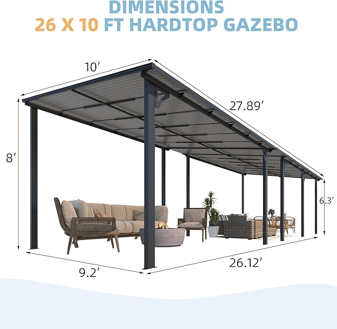 AECOJOY 10' x 28' Gazebo for Patio, Large Wall-Mounted Hard Top Lean-to Gazebo - Image 2