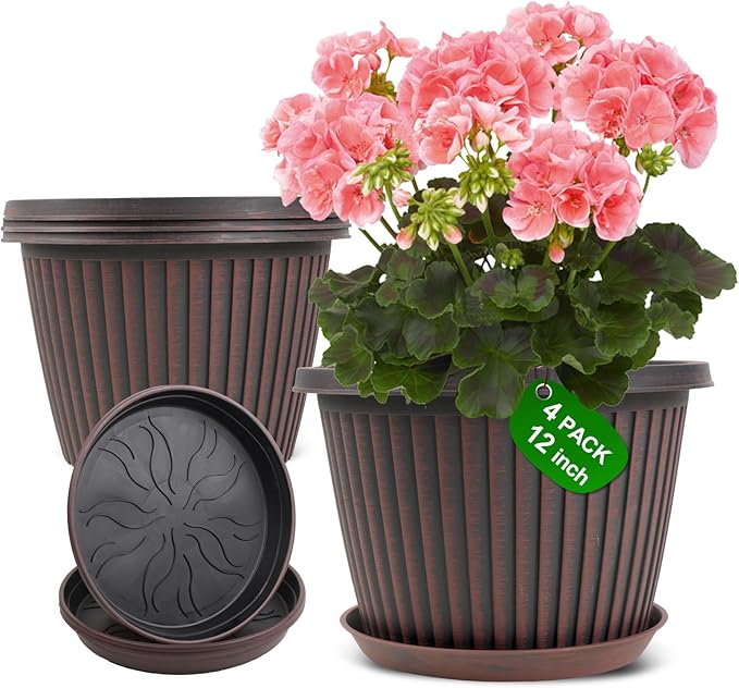 Large-Planter-Indoor-Outdoor Plant Pots, 12 inch 4 Pack Plastic Flower Pots by Myfeegoin