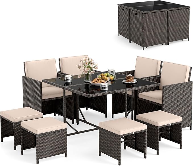 Tangkula 9 Piece Patio Dining Set, Rattan Chairs by TANGKULA