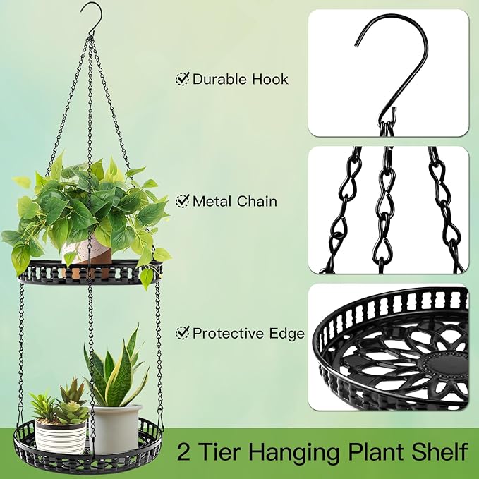 Plant Hanger Indoor Outdoor, 2 Tier Hanging Planter Plant Shelf, Metal Hanging - Image 3