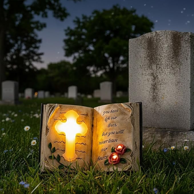 Outdoor Solar Memorial Cross Stakes Lights, Waterproof Book Statue Grave - Image 5