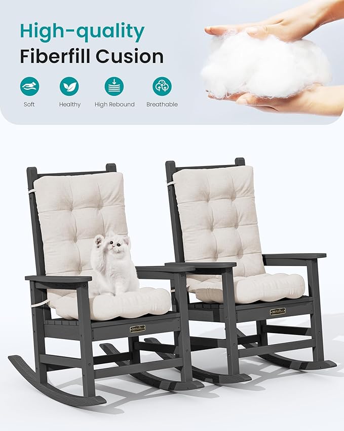 SERWALL HDPE Outdoor Rocking Chair Cushion Set of 4, Memory Foam Cushion Beige - Image 5