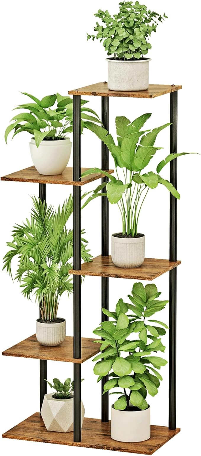 Plant Stand Indoor 5 Tier 6 Potted Metal Wood Plant Shelf, Rustic Brown by GreenLivingSpaces