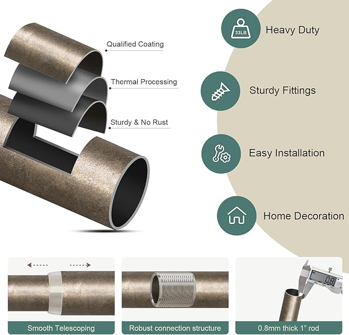 Retro Silver Curtain Rods for Windows 72 to 144 Inches Adjustable Length Heavy - Image 7