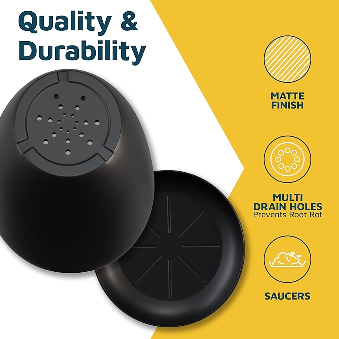 Black Plant Pots with Drainage Holes & Saucers 15 Pack, Indoor & Outdoor - Image 7