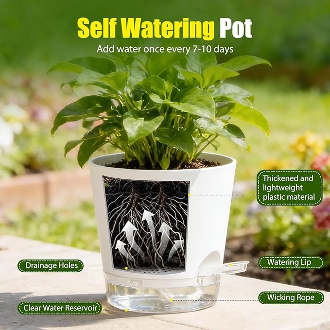 Plant Pots 6 Inch Self Watering Pots, 6 Pack Plastic Planters - Image 4