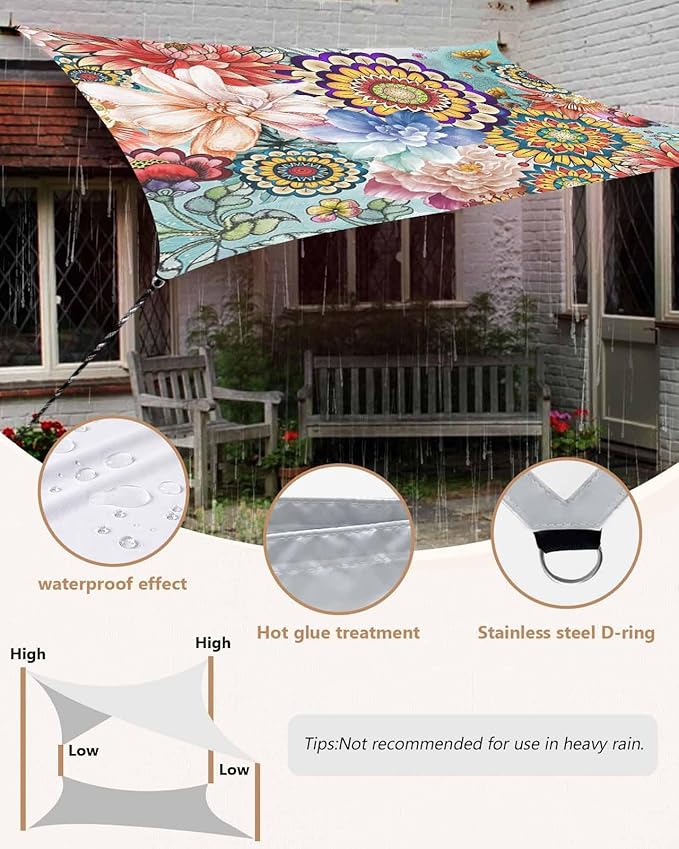 Sun Shade Sail 14'x18' Boho Floral Rectangle Sun Shade Sails Canopy Waterproof - Image 5