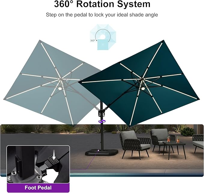 PURPLE LEAF 10 Feet Patio Umbrella Outdoor Cantilever Solar Powered LED Swivel - Image 8