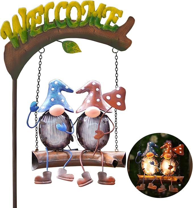 HONGLAND Gnomes Garden Decor Solar Lights, 48 Inch Welcome Sign Swing Yard by HONGLAND