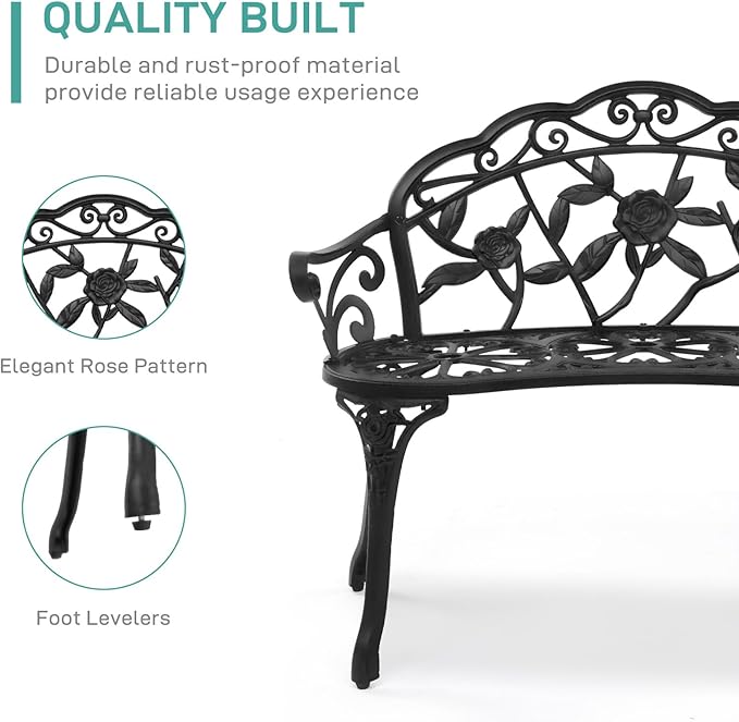 VINGLI 38.5" Patio Park Garden Outdoor Metal Rose Bench, 2-Person Cast Iron - Image 4