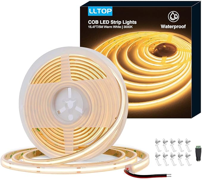 COB LED Strip Lights Waterproof IP67 DC24v Warm White 3000K 16.4ft/5m High CRI by LLTOP