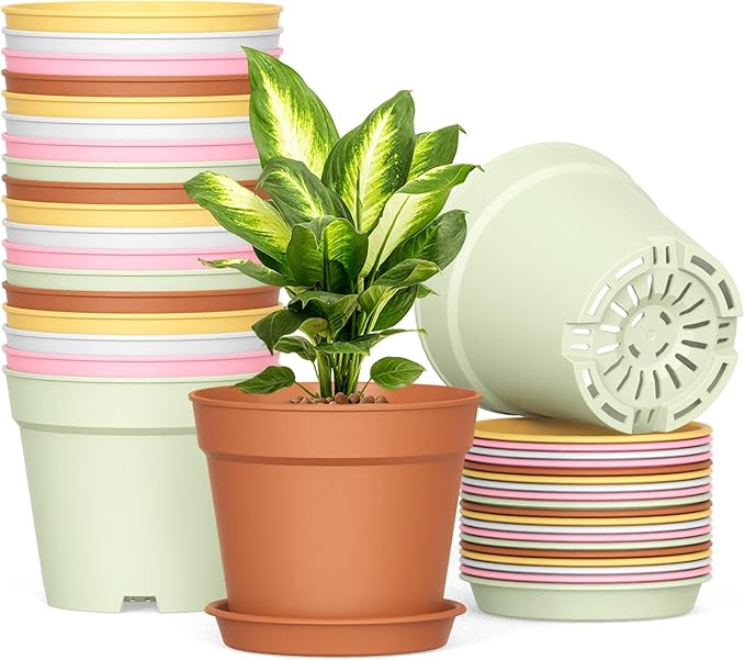 20 Pack 6 Inch Plant Pots with Drainage and Saucers, Stackable Nursery Planters by SwinDuck