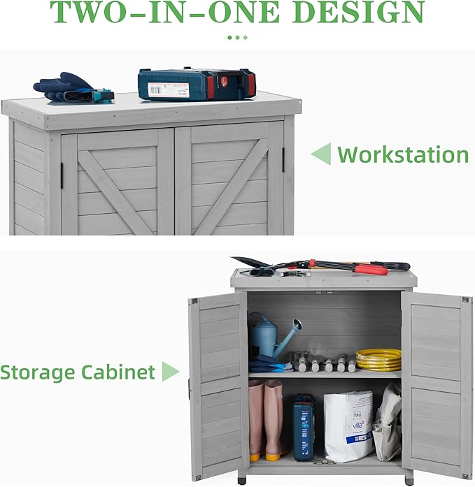 Outdoor Potting Bench with Storage Cabinet and Metal Top, Wood Workstation - Image 7