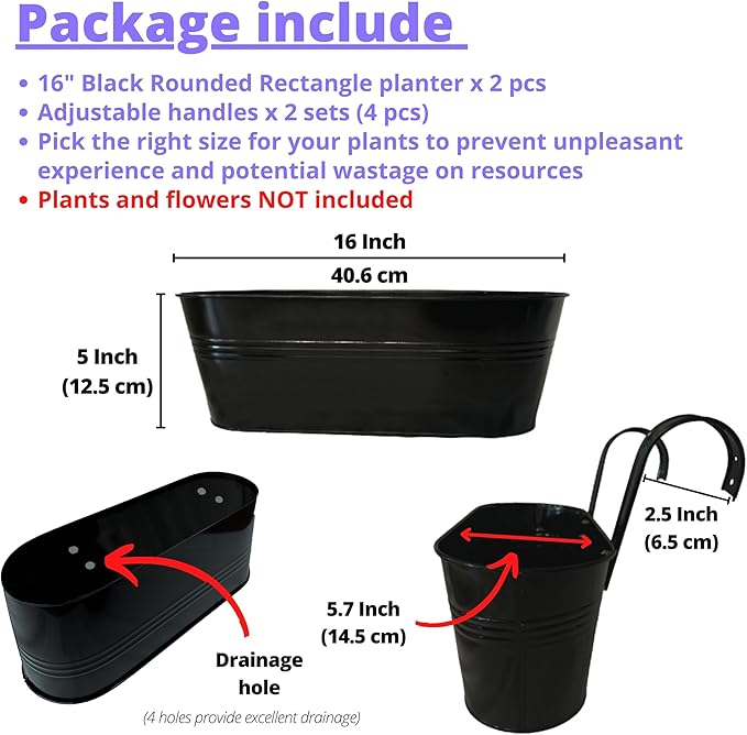 LaLaGreen Outdoor Plants Rail Planter Black Metal Iron Hanging Flower Oval Pots - Image 2