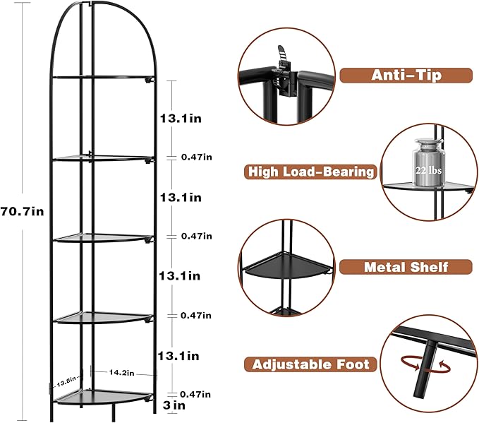 Crofy Foldable 5 Tier Corner Shelf, Metal Corner Plant Stand - Image 3