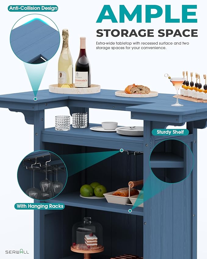 SERWALL Outdoor Bar Table Set – HDPE Blue Patio Bar Cabinet - Image 4