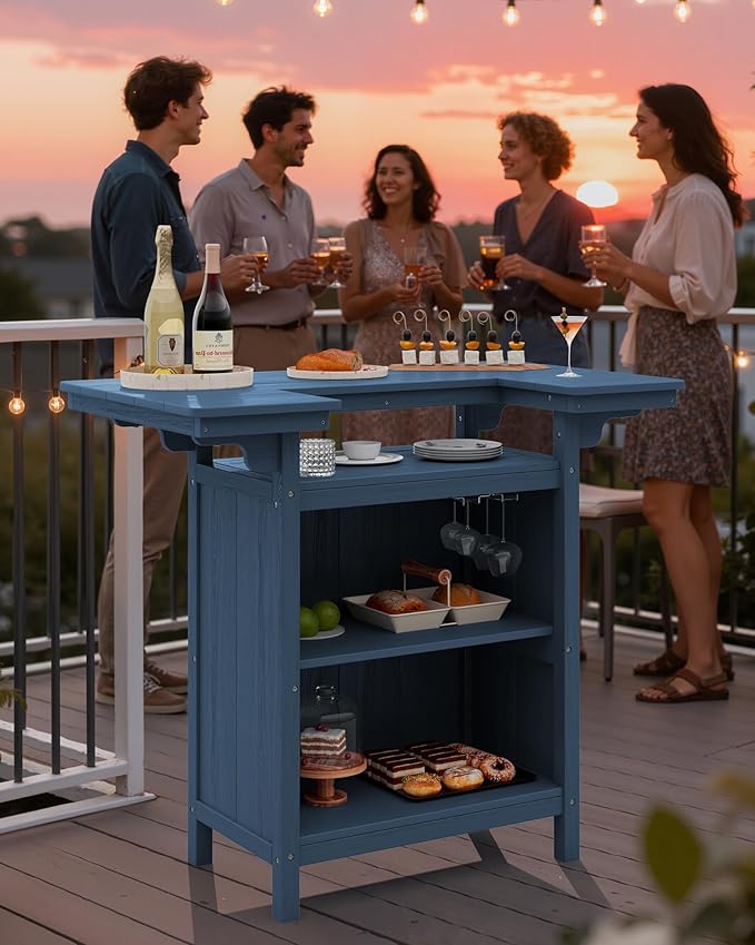 SERWALL Outdoor Bar Table Set – HDPE Blue Patio Bar Cabinet - Image 9
