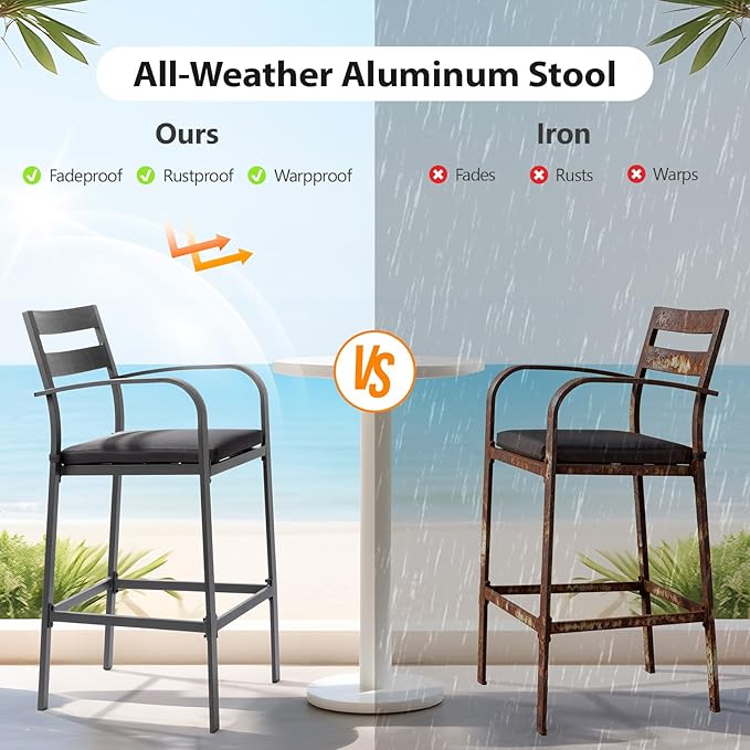 VINGLI Outdoor Bar Stools Set of 2, All-Weather Bar Height Aluminum Stools - Image 4