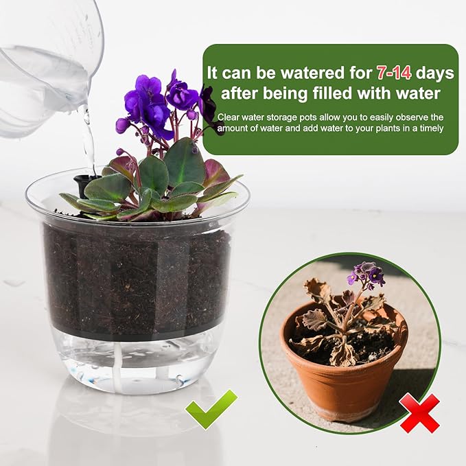 Self Watering Pots, 3 Pack 4 Inch Clear Plant Pot Self Watering Planter Flowers - Image 5