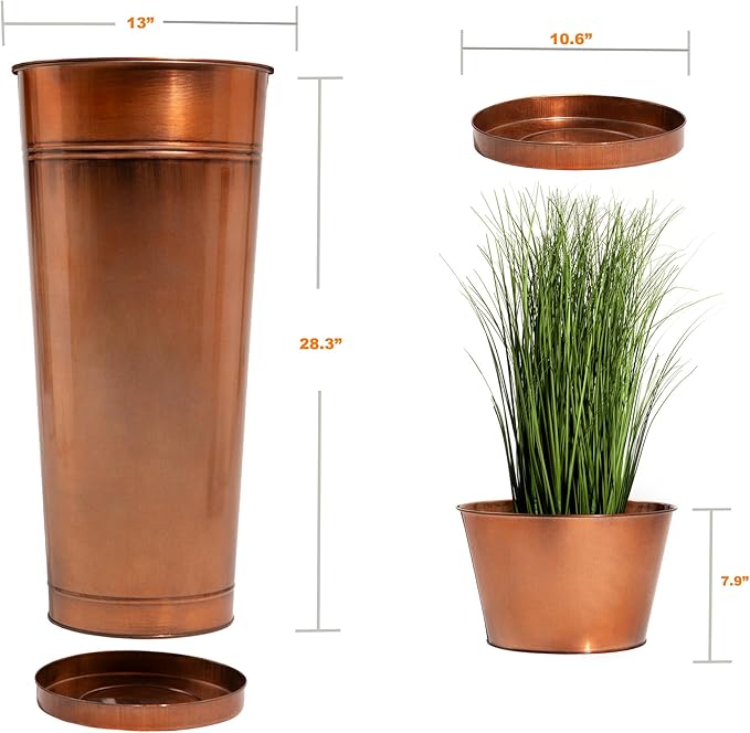 28in Tall Copper Planters Set of 2, Galvanized Steel Tall Outdoor Planter - Image 9