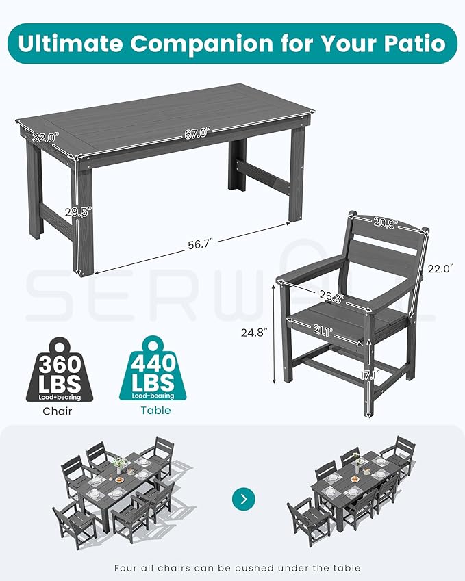 SERWALL Outdoor Dining Table Set, 67‘’ HDPE Patio Dining Set - Image 2