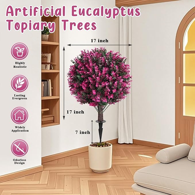 Artificial Topiary Tree with Pink Eucalyptus, Fake Evergreen Tree - Image 2