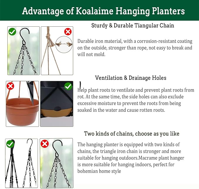 2 Pack Hanging Planters Set, 10 Inch Indoor Outdoor Hanging Plant Pot Basket - Image 6