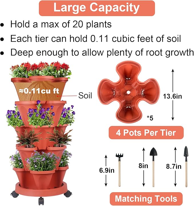 GameXcel Vertical Planter 5 Tier Stackable Planters Garden Planters Strawberry - Image 6