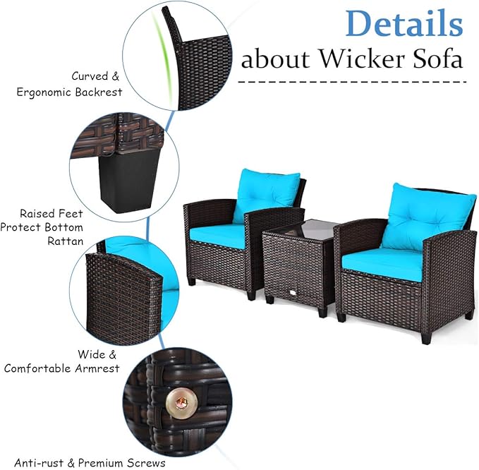 Tangkula 3 Pieces Patio Furniture Set, PE Rattan Wicker 3 Pcs Outdoor Sofa Set - Image 5