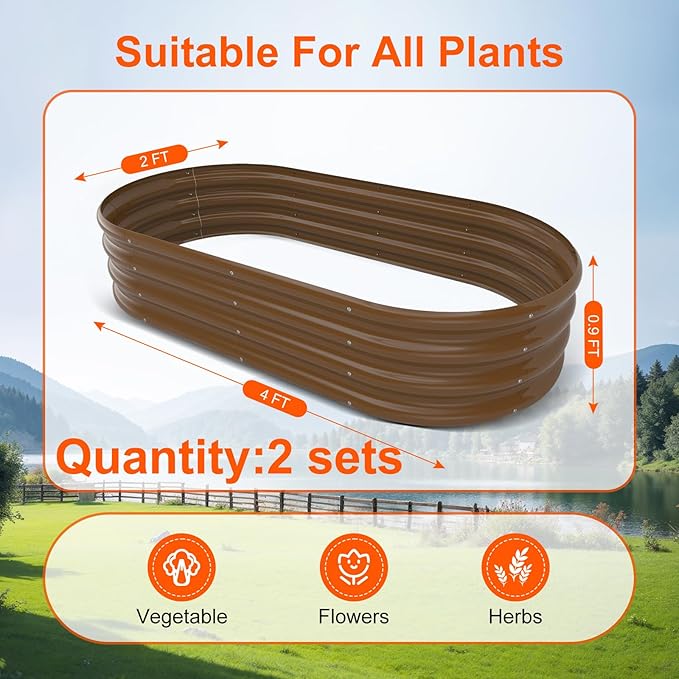 Raised Garden Bed Outdoor 2 Sets Oval Large Coating Metal Planter Box - Image 3