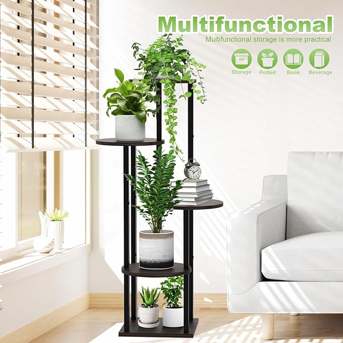5 Tier Wood Tall Plant Stand Metal Rack Indoor, Round Planter Shelf Display - Image 7