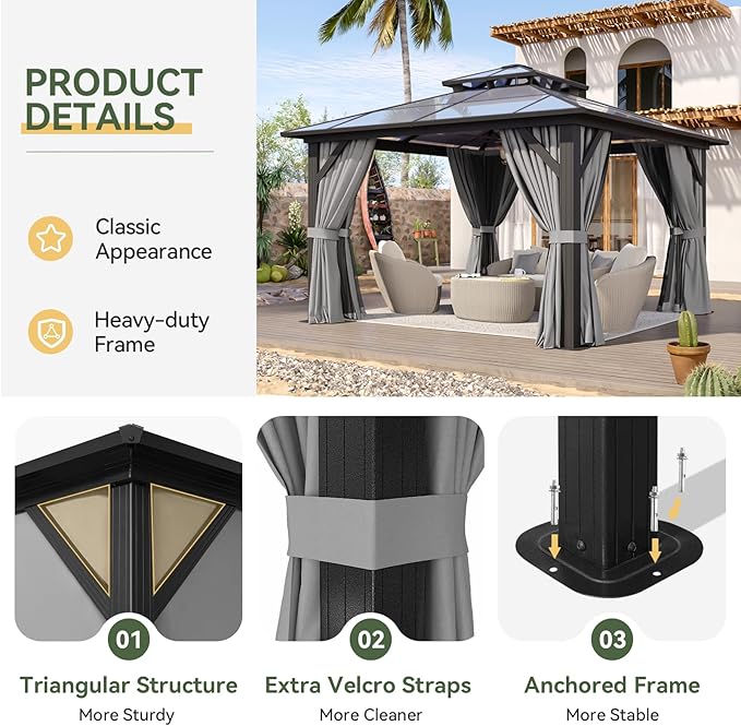 Aoxun 12'x12' Hardtop Gazebo, Aluminum Frame Permanent Pavilion - Image 6