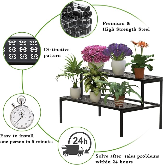 Metal Plant Stand Metal 2 Tier Potted Multiple Flower Pot Holder Plant Shelf - Image 6