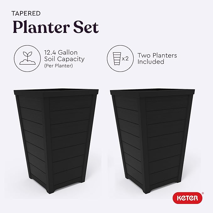 Keter Set of 2 Modern 22‑Inch Tall Outdoor Flower Pots – Large Resin Tapered - Image 5