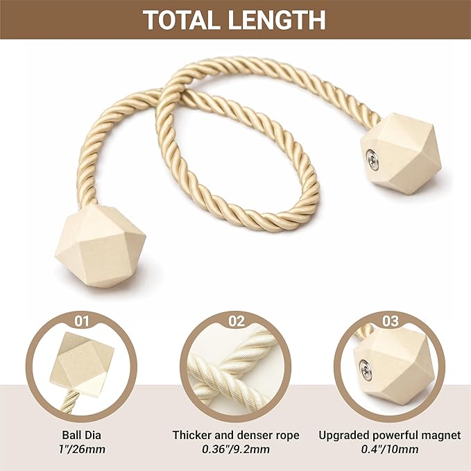 Hion Magnetic Curtain Tiebacks Beige 6 Pack, Curtain Tiebacks Buckles Holdbacks - Image 2