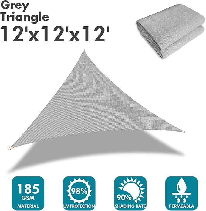 KANAGAWA Sun Shade Sail 12'x12'x17' Gray Triangle UV Block Canopy Awning - Image 2