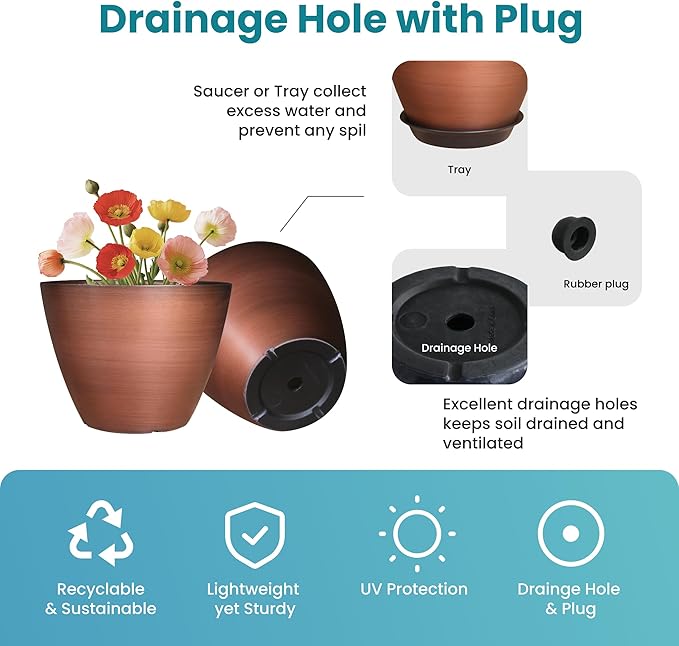 2 Pack Plastic Plant Pots with Drainage Holes, 8 inch Planter - Image 3